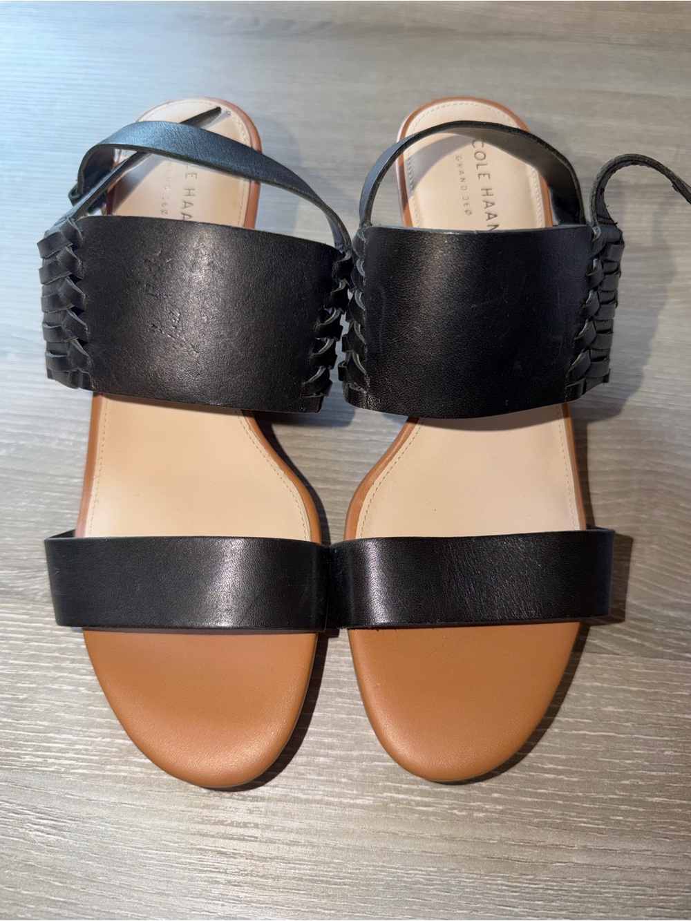 Cole Haan Black and Tan Leather Two-Strap Women’s Sandals